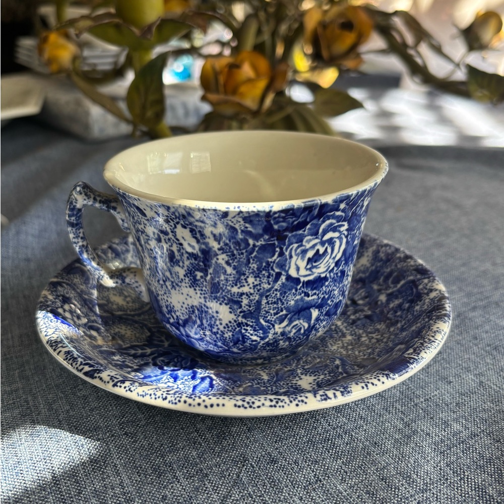 Laura Ashley 1989 Blue and White chintz Floral Teacup and Saucer